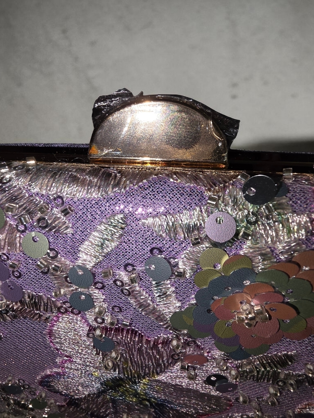Floral Sequin Embroidered Clutch Bag – Vintage Evening Purse with Gold Chain - Picture 2 of 4